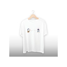Penguen Kalp Kombin 1 Detaylı Unisex Tişört Beyaz