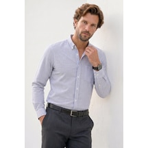 Tudors Erkek Slim Fit Dar Kesim %100 Pamuk Düğmeli Yaka Çizgili Uzun Kollu Cepli Keten Lacivert Gömlek-51079