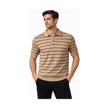Barlashive Erkek Triko Polo Yaka Fermuarlı Çizgili Tişört T-shirt Yazlık Şık - Kahverengi Çok Renkli