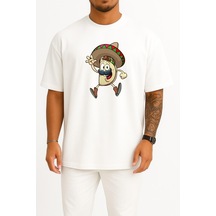 Bahriyeli Collection Oversize Taco Mexican Cuisine Cartoon Göğüs Tasarımlı Unisex T-shirt Beyaz