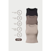 Auw Kadın Bisiklet Yaka Pamuklu Modal Crop 3'lü - Softfit Taş, Vizon, Siyah