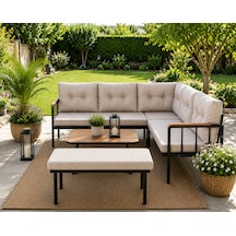 Riva Metal Bahçe Balkon Köşe Takımı Siyah Boyalı İskelet Keten Kumaş Süngerli 180x120 Cm Cappuccino