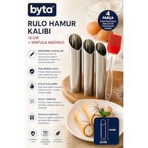 4 Parça Paslanmaz Çelik Rulo Hamur Kalıbı Seti 12 Cm 3'lü Külah Tatlı Kalıbı + Silikon Spatula Hediyeli Diğer
