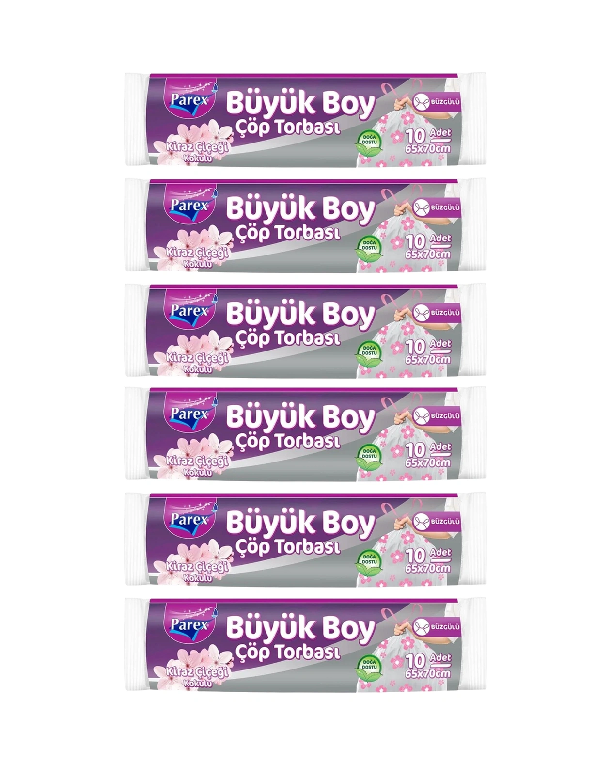 Büzgülü 10'lu Çöp Torbası Kiraz Çiçeği Kokulu Büyük Boy 65 X 70 Cm Altılı Paket