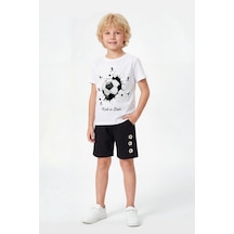 Panios Kids Yuvarlak Yakalı Yazlık Futbol Baskı Detaylı Kaprili Erkek Çocuk Alt Üst Takım Beyaz