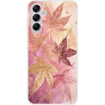 Samsung Galaxy A14 Uyumlu Pembe Ve Bordo Tonlu Yaprak Baskılı Silikon Kılıf Renkli