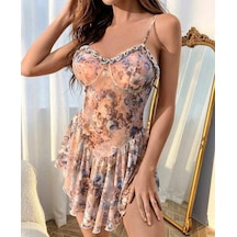Kadın Volanlı Bej-mavi-mor Çiçek Baskılı Vintage Gecelik-3663/1 Çok Renkli