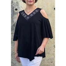 Mia Butik Büyük Beden Siyah Arkası & Önü V Yaka Bluz Siyah