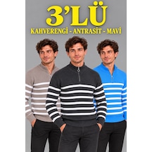 Barlashive Erkek 3'lü Dik Yaka Yarım Fermuarlı Çizgili Selanik Örgü Triko Kazak - Kahverengi & Antrasit & Mavi Çok Renkli