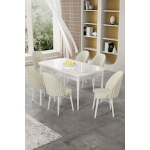 Canisa Gale Serisi 80x132 Açılabilir Lak Panel Beyaz Mermer Desen Mutfak Masa Takımı 6 Krem Sandalye Masa Beyaz Mermer Desen Sandalye Krem