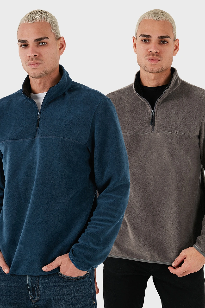 Buratti Regular Fit Anti-Pilling Tüylenme Yapmayan Dik Yaka Şardonlu 2'Li Paket Erkek Polar 5896700S2 Antrasit-Indigo