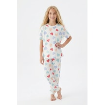 Alkın Kids 3-13 Yaş Kız Çocuk Kalp Desenli %100 Pamuklu Kısa Kollu Pijama Takımı Beyaz