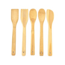 5 Parça Bambu Mutfak Kaşık Seti %100 Doğal, Çizilmeye Karşı Korumalı, Isıya Dayanıklı, Hafif, Ergonomik, T