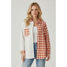 Kadın Turuncu Oversize Fit Ekoseli Desenli Uzun Kollu %100 Pamuk Gömlek, Ceket, Kadın Oduncu Gömlek Turuncu