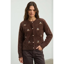 Soft&Basic Taş İşlemeli Yumuşak Tüylü Triko Düğmeli Hırka Kahve