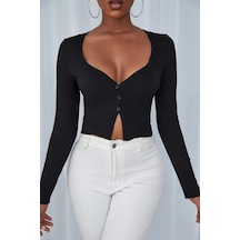 Epilons Zenviaatt2 Kadın Siyah Uzun Kollu Düğmeli Göğüs Ve Göbek Dekolteli Crop Top Bluz Zenvi312