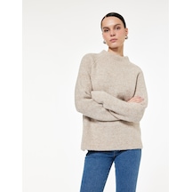 Koton Koton X Sibil Çetinkaya - Uzun Kollu Dik Yaka Triko Peluş Kazak Vizon 6wak90455ht