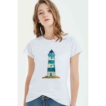Watercolor Lighthouse Kadın Beyaz Tshirt
