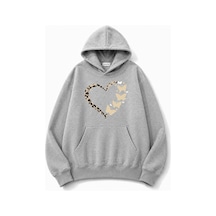 Herkesemoda Leopar Efektli Kalp Baskılı Kapüşonlu 2 İplik Şardonlu Sweatshirt Gri