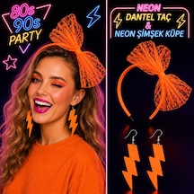 Neon Turuncu Dantel Taç Ve Şimşek Küpe 80&amp 39 Ler 90&amp 39 Lar Parti Seti - Temz-884441 Çok Renkli