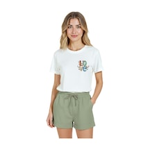 Kadın Beyaz Relaxed Fit %100 Pamuk Tişört Floral Love Minyatü Beyaz