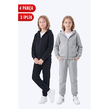 Panios Kids 3 İplik Düz Kız Çocuk Fermuarlı Kapüşonlu 2'li Eşofman Takımı 4 Parça Siyah-gri