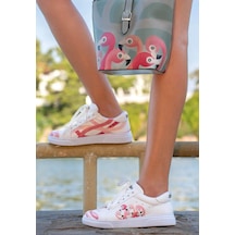 Kadın Vegan Deri Beyaz Sneakers - Pink Paradise Tasarım Çok Renkli
