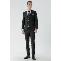 Morven Erkek Siyah Poliviskon Trend Yelekli Çizgili Desen Slim Fit Sivri Yaka Takım Elbise Siyah