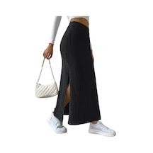 Kadın Nervürlü Örme Etek Yüksek Elastik Bel Yırtmaç Retro Uzun Etek Siyah