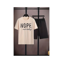 Medinenur Nope Baskılı T-shirt Short Bol Paça Rahat Kalıp Siyah Alt Siyah Üst Short Takım Bej