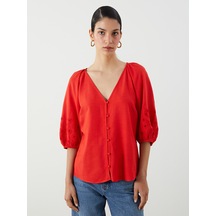 Lcw Comfort Kırmızı V Yaka Nakışlı Balon Kollu Bluz