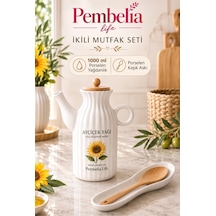 2 Li Mutfak Seti Ayçiçek Etiketli Porselen 1000 Ml Yağdanlık Ve Porselen Kaşık Altlığı Çeyizlik Set Beyaz Beyaz