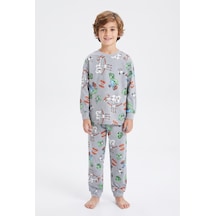 Bunny Hopp Erkek Çocuk Uzun Kollu Pijama Takımı %100 Pamuk Piksel Blok Desenli Penye Gri