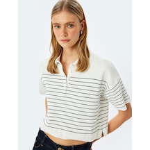 Koton Düğmeli Çizgili Oversize Polo Yaka İnce Triko Kazak Lacivert Çizgili 5sak90007ht 7s2 Çok Renkli