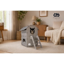 Keçe Kedi Evi Demonte, Yıkanabilir, Taşınabilir Kedi Kulübesi Dubleks Bej