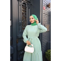 Kadın Yeşil Küçük Kareli Kat Kat Kuşaklı Uzun Gofre Kumaş Tesettür Elbise 0226 Yeşil