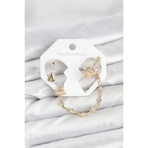 Pirinç Gold Renk Yıldızlı Model Zincir Bağlantılı Ear Cuff Küpe Seti Çok Renkli