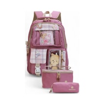 Relaxion 2203-1395 Kore Tarzı Unisex Çocuk Üçlü Set İlkokul Sırt Çantası Gülkurusu
