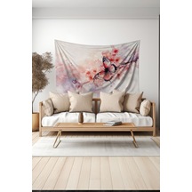 Çiçek Dalı Ve Kelebek Desenli Duvar Halısı Duvar Örtüsü Tapestry Süet Dokulu Kumaş
