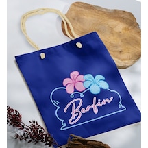 Bk Gift Kişiye Özel Yaz Temalı İsimli Saks Mavi Halat Saplı Kumaş Plaj Çantası -4, Baskılı Omuz Çantası, Alışveriş Çantası, Arkadaşa Hediye, Sevgiliye Haki