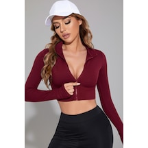 Angbutik Kadın Bordo Uzun Kol Fermuarlı Parmak Geçme Detaylı Dik Yaka Crop Top Bluz