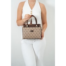 Silver Polo Sp826 Kadın El Çantası Monogram Koyubej-kahve