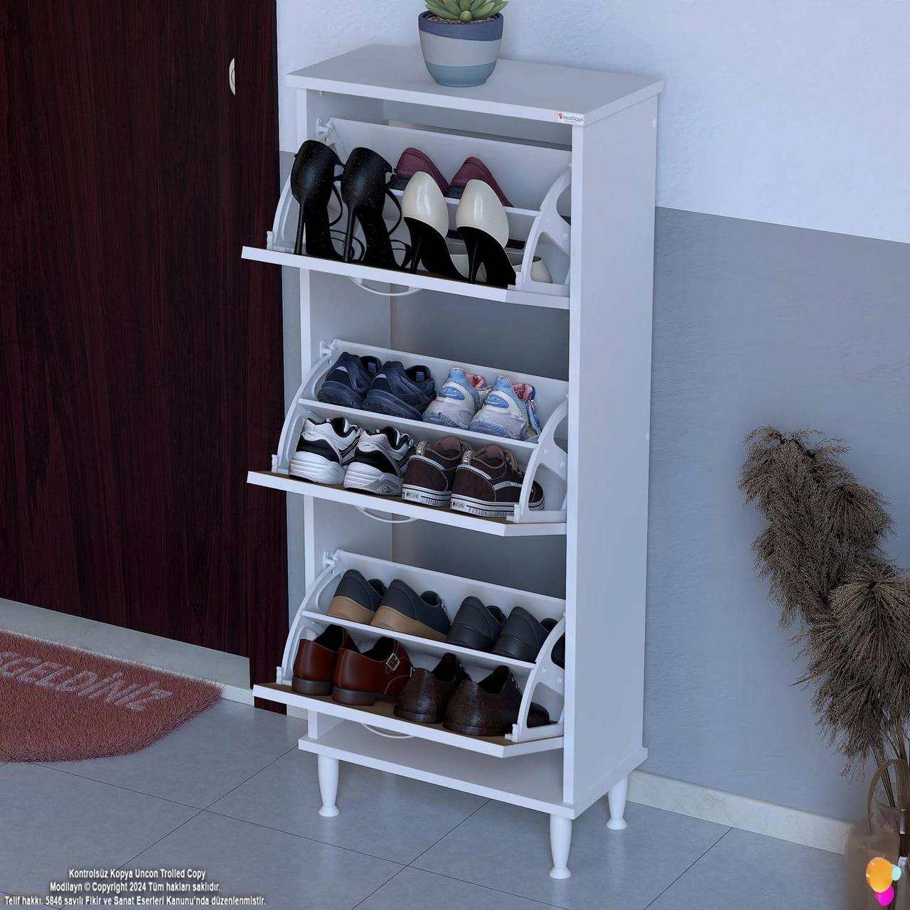 Uygar Meşe Renk Kapı Önü Ayakkabılık 3 Düşer Kapak 6 Göz Raf Bölmeli Ayakkabılık 52x127x25,5 Cm Meşe