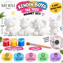 4 Lü Kendin Boya Taş Tozu Magnet Seti Hayvan Figürleri, 3 Renk Boya Ve Fırça