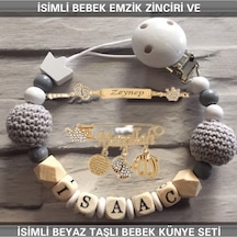 Sahi Aksesuar İsimli Bebek Emzik Zinciri Ve İsimli Bebek Künye Seti Bezyı730 Bej - Mavi