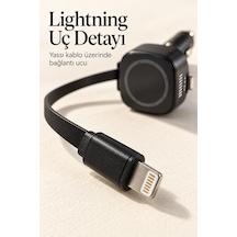 Makaralı Kablolu Araç İçi Hızlı Şarj Cihazı Type C Ve Lightning Siyah