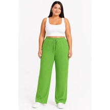 Ertaştrendstore Kadın Battal Beden Bürümcük Kumaş Beli Lastikli Bağcıklı Bol Paça Palazzo Pantolon - Yeşil Çok Renk
