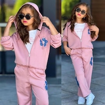 Kız Çocuk 3 Parça Kapüşonlu Sweatshirt & Çiçek Desenli Eşofman Takımı 6431py Pembe