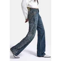 Kadın T-2w6-8 Loose Fit Parlak Taş Özel Tasarım Denim Jean Mavi