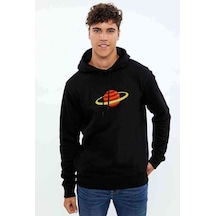 Saturn Baskılı Siyah Erkek Örme Kapşonlu Sweatshirt